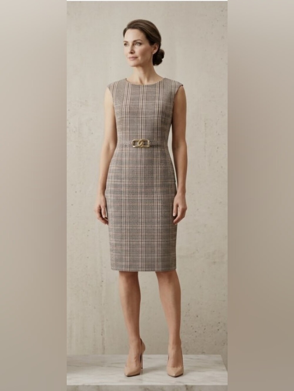 NEW! Calvin Klein Plaid Sheath Dress with Gold Buckle Sz 12 NWT
